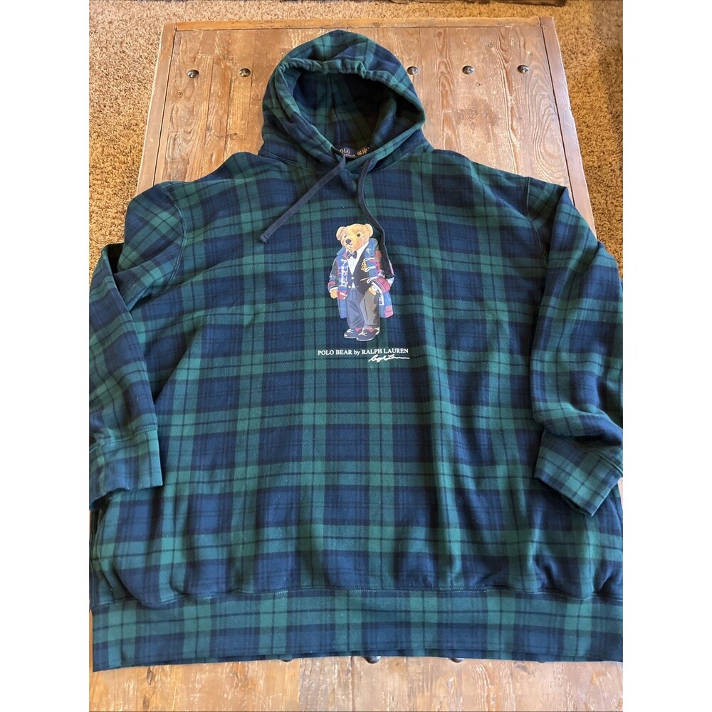 Polo Ralph Lauren Big & Tall Green Tartan Plaid Polo Bear Fleece Hoodie 4XL Tall